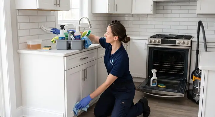 A cleaner deep-scrubbing detail areas with a caddy of brushes and supplies