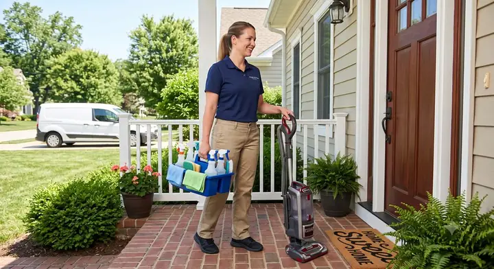 A friendly cleaner arriving at a front door with supplies, ready to start