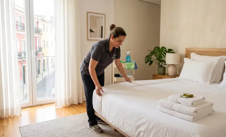 A cleaner making up a bed with crisp white linens in a short-term rental